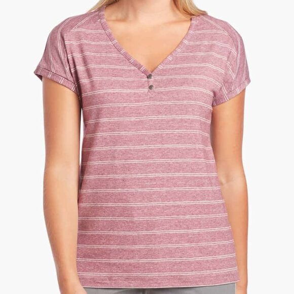Kuhl Womens Lisette Short Sleeve V-Neck Henley Shirt Size M Striped Tee UPF 50+ - Picture 1 of 15